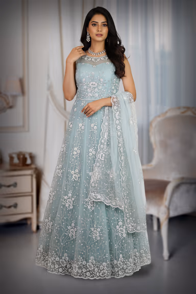 Pastel Aqua Blue Net Gown with Intricate Floral Embroidery — view 2 of 4