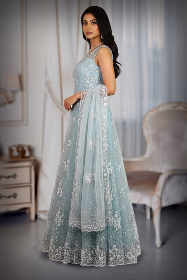 Pastel Aqua Blue Net Gown with Intricate Floral Embroidery — view 3 of 4