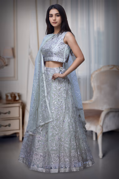 Pastel Blue Net Lehenga With Threadwork And Stone Work Details And Same Colour Dupatta — view 2 of 3