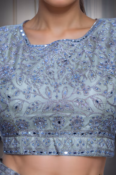 Pastel Blue Net Lehenga With Threadwork And Stone Work Details And Same Colour Dupatta — view 3 of 3