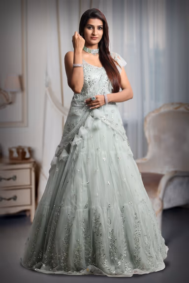 Pastel Green Colour Heavy Stone Work Sleeveless Gown With Draped Dupatta With Detailed Embellishment Work — view 2 of 5