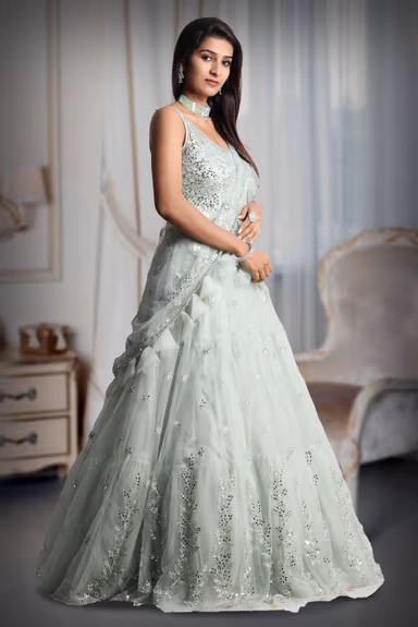 Pastel Green Colour Heavy Stone Work Sleeveless Gown With Draped Dupatta With Detailed Embellishment Work — view 4 of 5
