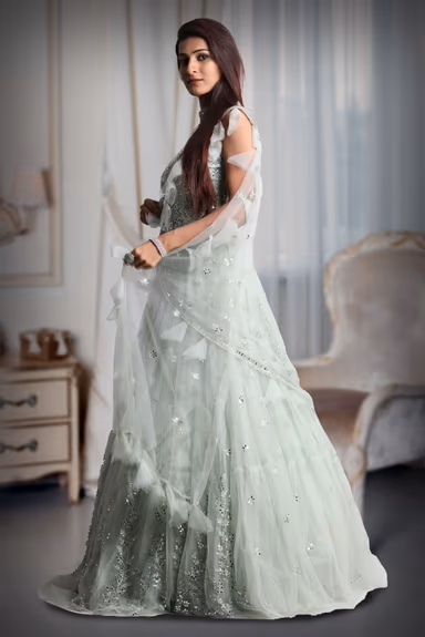 Pastel Green Colour Heavy Stone Work Sleeveless Gown With Draped Dupatta With Detailed Embellishment Work — view 3 of 5