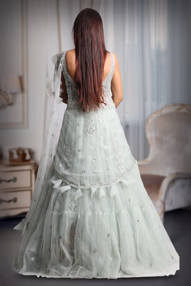 Pastel Green Colour Heavy Stone Work Sleeveless Gown With Draped Dupatta With Detailed Embellishment Work — view 5 of 5