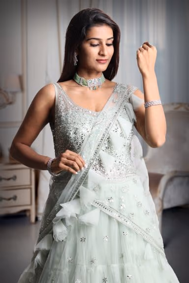 Pastel Green Colour Heavy Stone Work Sleeveless Gown With Draped Dupatta With Detailed Embellishment Work — view 1 of 5
