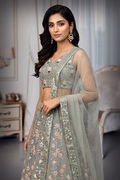 Pastel Green Net Embroidered Lehenga With Same Colour Dupatta And Blouse — view 1 of 2