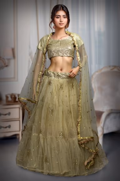Pastel Green Net Embroidered Lehenga With Same Colour Dupatta And Blouse — view 2 of 2