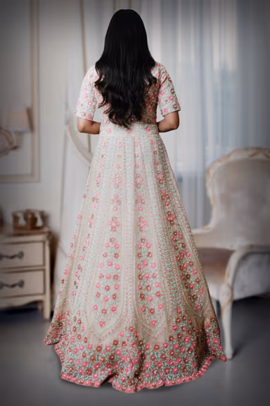 Elegant Pastel Green Wedding Outfit Features Elaborate Stone Work And Rich Textures — view 3 of 3