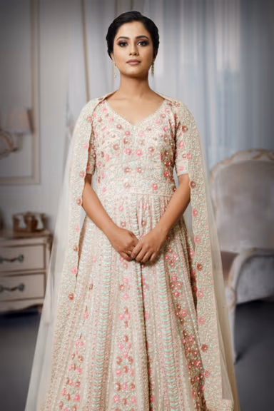 Elegant Pastel Green Wedding Outfit Features Elaborate Stone Work And Rich Textures — view 1 of 3