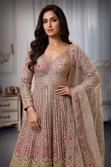 Pastel Mauve Floor-Length Anarkali with Fuchsia Floral Embroidery — view 4 of 5