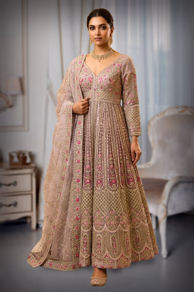 Pastel Mauve Floor-Length Anarkali with Fuchsia Floral Embroidery — view 5 of 5