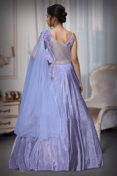 Pastel Mauve Satin Lycra Gown With Floral Embellishment — view 4 of 4