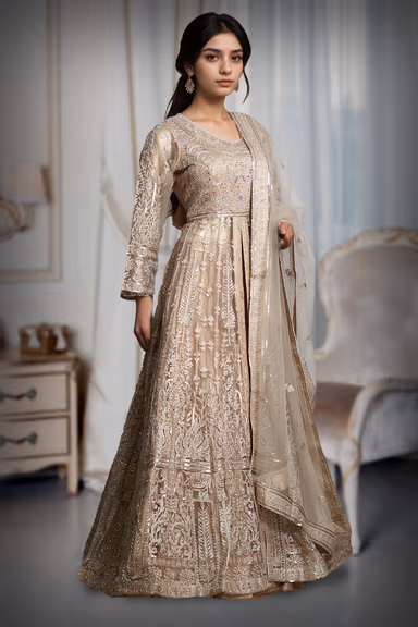 Pastel Peach Anarkali Lehenga With Exquisite Threadwork details — view 4 of 4