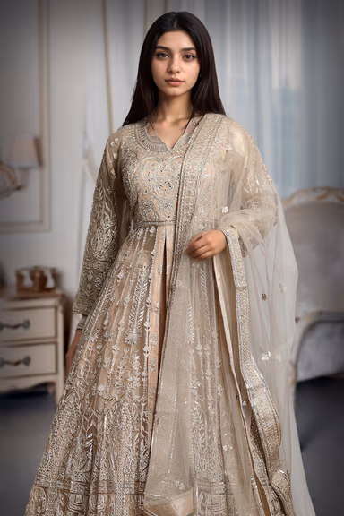Pastel Peach Anarkali Lehenga With Exquisite Threadwork details — view 1 of 4