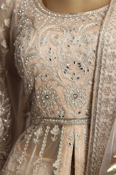 Pastel Peach Anarkali Lehenga With Exquisite Threadwork details — view 3 of 4
