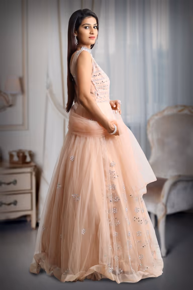 Pastel peach mirror work net gown with exquisite detailing on yoke and dupatta in same colour — view 4 of 5
