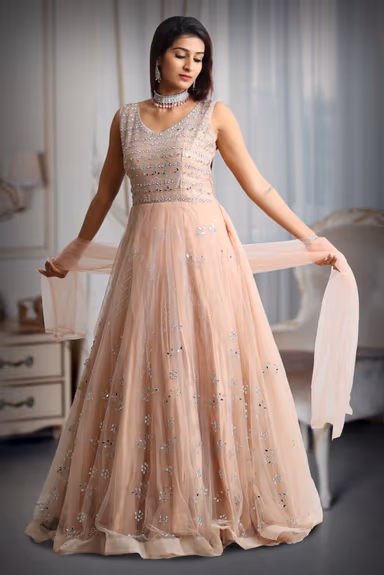 Pastel peach mirror work net gown with exquisite detailing on yoke and dupatta in same colour — view 3 of 5