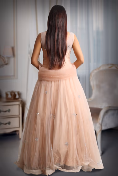 Pastel peach mirror work net gown with exquisite detailing on yoke and dupatta in same colour — view 5 of 5