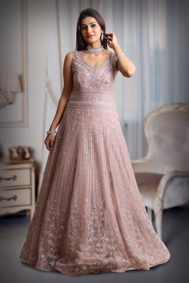 Pastel Peach Sleeveless Gown With Exquisite Stone Work Detailing — view 2 of 5