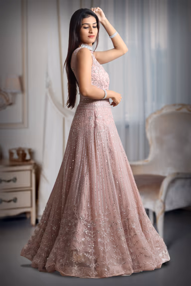 Pastel Peach Sleeveless Gown With Exquisite Stone Work Detailing — view 4 of 5