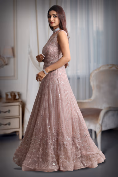 Pastel Peach Sleeveless Gown With Exquisite Stone Work Detailing — view 3 of 5