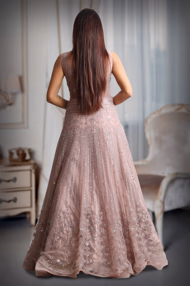 Pastel Peach Sleeveless Gown With Exquisite Stone Work Detailing — view 5 of 5