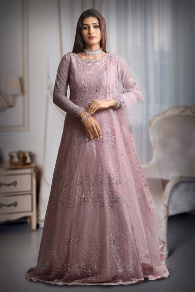 Pastel Pink Full Sleeve Gown With Stone Work Detailing And Sea Colour Dupatta — view 2 of 5