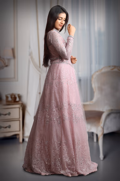 Pastel Pink Full Sleeve Gown With Stone Work Detailing And Sea Colour Dupatta — view 4 of 5