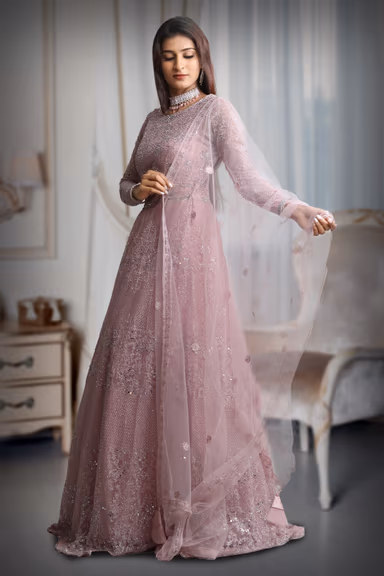 Pastel Pink Full Sleeve Gown With Stone Work Detailing And Sea Colour Dupatta — view 3 of 5