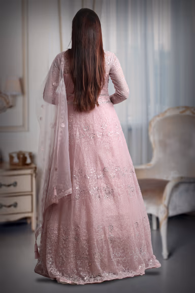 Pastel Pink Full Sleeve Gown With Stone Work Detailing And Sea Colour Dupatta — view 5 of 5