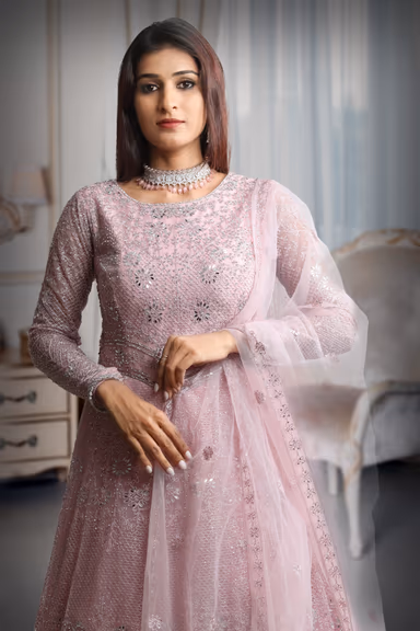 Pastel Pink Full Sleeve Gown With Stone Work Detailing And Sea Colour Dupatta — view 1 of 5