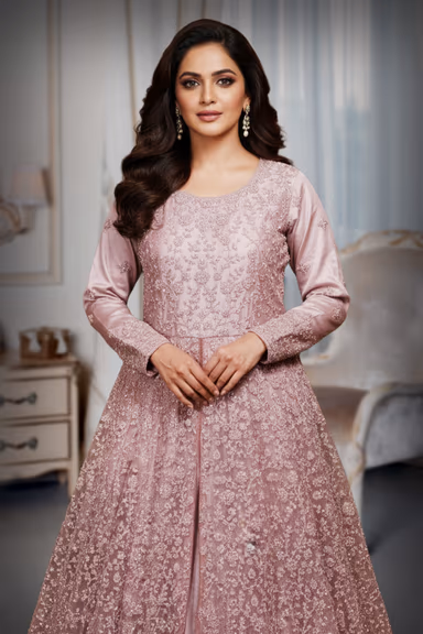 Pastel Pink Pre Wedding Gown With Thread And Sequins Embroidery All Over The Gown — view 1 of 2