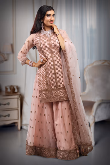 Pastel Pink Sharara Set With Stone Work Detailing — view 4 of 4