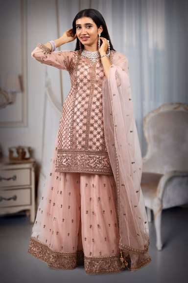 Pastel Pink Sharara Set With Stone Work Detailing — view 3 of 4