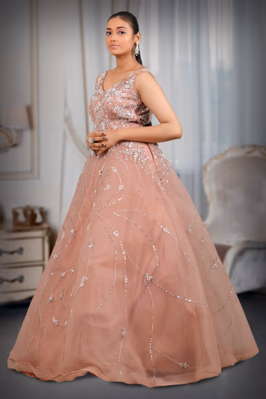 Peach color umbrella heavy work gown — view 4 of 5