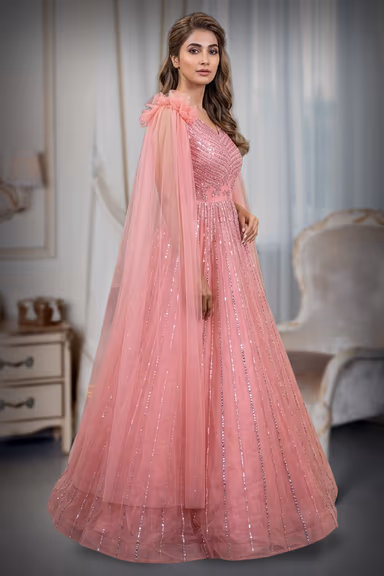 An Elegant Peach Flared Gown Along With Dropped Sleeve Dupatta — view 3 of 3