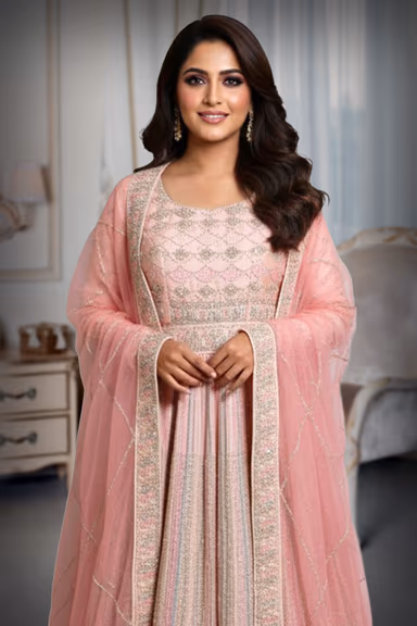 Beautiful Peach Pink Floor Length Gown Featuring Scalloped Bodice Detail Vertical Shimmering Patterns And A… — view 1 of 2