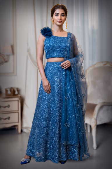 Peakcock Wedding Lehenga With Intricate Thread Work Details Along With Same Color Dupatta — view 2 of 2