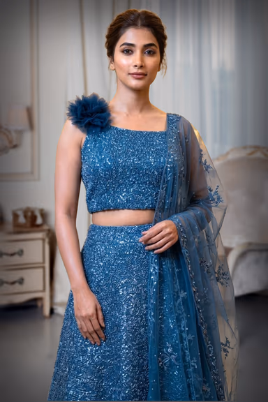Peakcock Wedding Lehenga With Intricate Thread Work Details Along With Same Color Dupatta — view 1 of 2