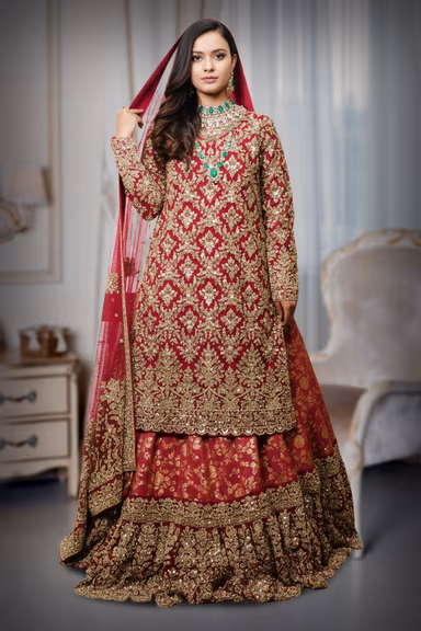 A Perfect Blend Of Tradition And Modernity Defines This Heavy Dark Red Bridal Lehenga — view 2 of 5