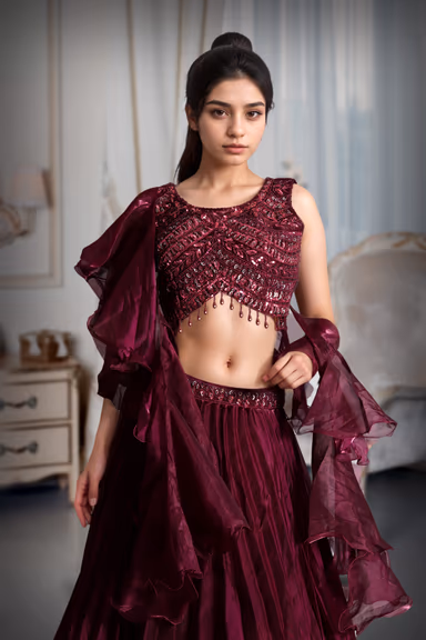 Plum Purple Frilled Lehenga With Stone Worked Crop Top Along With Frilled Dupatta — view 1 of 3