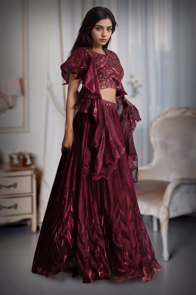 Plum Purple Frilled Lehenga With Stone Worked Crop Top Along With Frilled Dupatta — view 3 of 3
