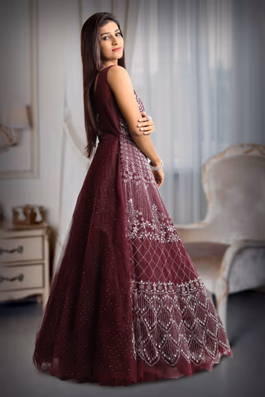 Purple color heavy stone work net sleeveless gown — view 4 of 5