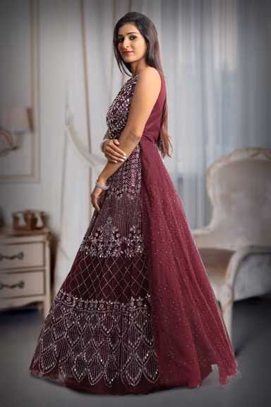 Purple color heavy stone work net sleeveless gown — view 3 of 5
