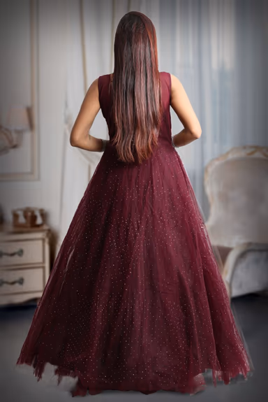 Purple color heavy stone work net sleeveless gown — view 5 of 5
