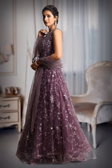 Purple Colour Heavy Stone work Net Sleeveless Gown With Exquisite Detailing — view 4 of 5