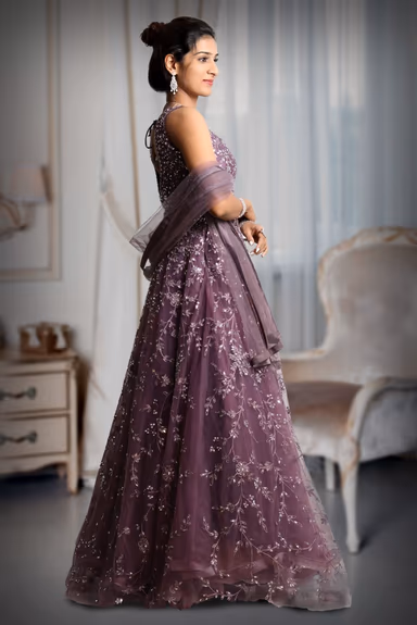 Purple Colour Heavy Stone work Net Sleeveless Gown With Exquisite Detailing — view 3 of 5