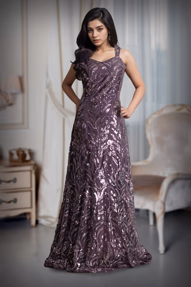 Purple Heavy Embellished Mermaid Gown With Flower Detail On Shoulder — view 2 of 3