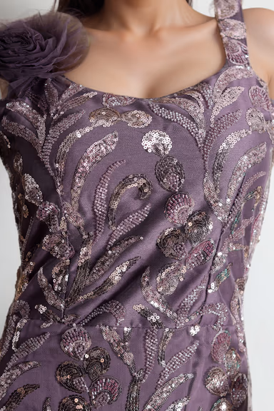 Purple Heavy Embellished Mermaid Gown With Flower Detail On Shoulder — view 3 of 3