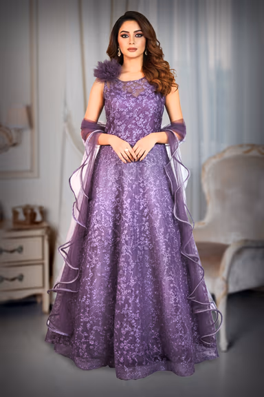 Purple Mesh Ball Gown with Floral Self Work, Asymmetrical Neckline, 3D Shoulder Flower and Ruffle Dupatta — view 2 of 2